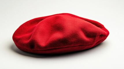 Red beret prop with vibrant tones, displayed in sharp focus against a neutral white background