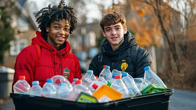 Recycling Champions: Two young men, one Black and one White, stand proudly with a bin full of plastic bottles, showcasing their dedication to environmental responsibility and making a difference.  