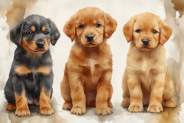 Three adorable puppies sitting side by side, showcasing their playful and friendly nature.