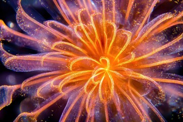 A vibrant, abstract depiction of a flower-like structure in vivid colors.