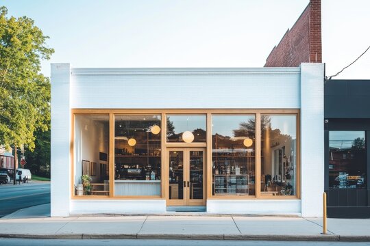 A white building with a large window and a green plant in front of it. The building has a cafe inside. Empty space for logo or text, mockup