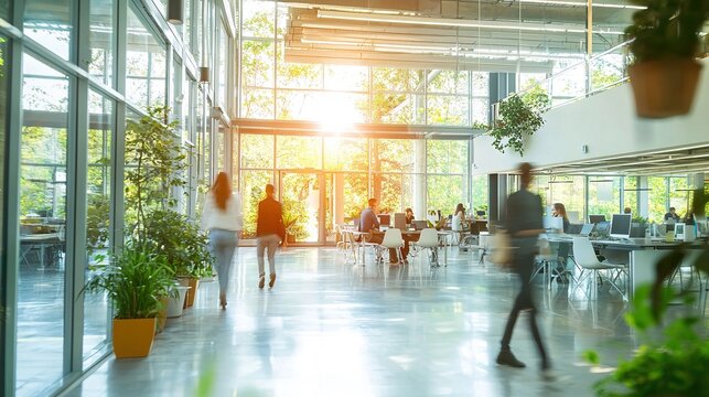 Modern open office with glass walls, natural light, greenery, and people walking and working in a collaborative environment