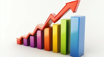 A colorful bar chart with a red arrow pointing upwards. The chart is made up of different colored bars, each representing a different category. The chart is meant to show a trend or growth over time