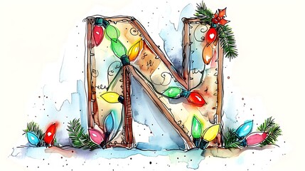 Watercolor Christmas letter N decorated with lights and greenery.