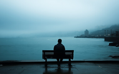 A solitary figure sits on a seaside bench, facing away from the viewer. A distant cityscape is shrouded in fog, mirroring the gloomy sky.