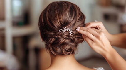 The image shows a woman getting her hair styled for a wedding. The stylist is putting a jeweled hair piece in her hair. The woman appears to be relaxed.