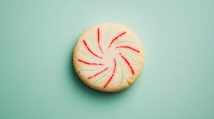 Minimalist composition of a single peppermint candy shortbread cookie, isolated on a pastel green background