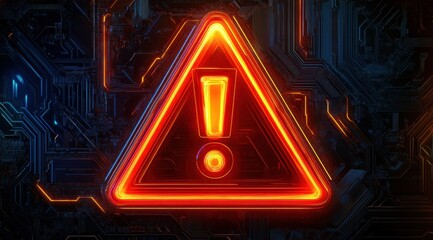 A red triangle with an exclamation point in the middle. The triangle is lit up and surrounded by a blue background. Concept of urgency and danger