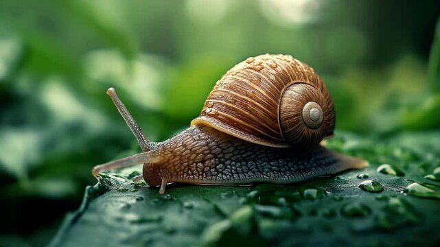 Close-up view of a snail on a dewy green leaf in a natural outdoor setting, with focus on the snail's textured shell and body, surrounded by blurred foliage in the background.