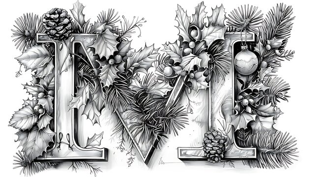 Monogram "IVL" adorned with winter flora, including pine, holly, and berries, rendered in a detailed pencil sketch style.