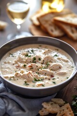 Creamy chicken stew in gray bowl with fresh parsley garnish, served near sliced bread and blurred wine glass in background