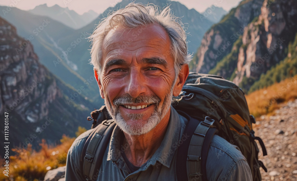 Poster a man with a backpack is smiling and looking at the camera. he is wearing a green shirt and a gray j