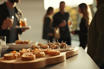 A group of people are gathered around a table with a variety of appetizers and drinks. The atmosphere is casual and social, with people mingling and enjoying the food and drinks