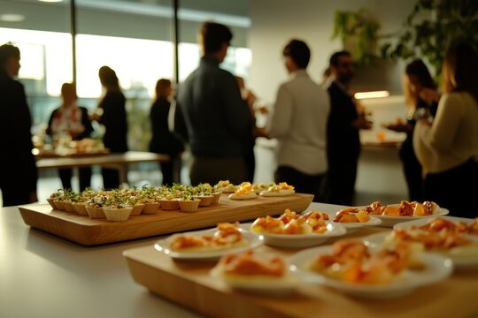 A group of people are gathered around a table with a variety of appetizers and desserts. The atmosphere is lively and social, with people mingling and enjoying the food