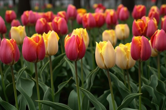 A vibrant field of yellow and red tulips in full bloom