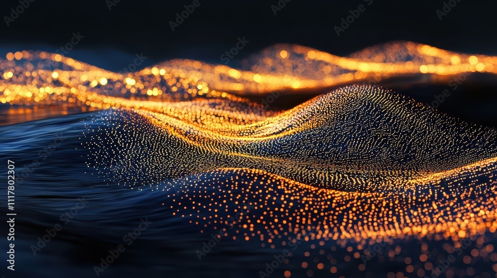 Poster abstract digital river of glowing binary sequences with vibrant light waves and patterns
