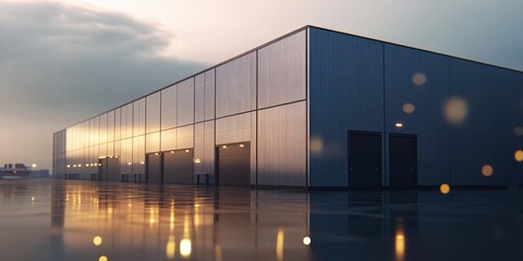 Obraz premium A large building with a lot of windows and a shiny, reflective surface. The building is surrounded by water, and the sky is cloudy. Scene is somewhat somber and reflective