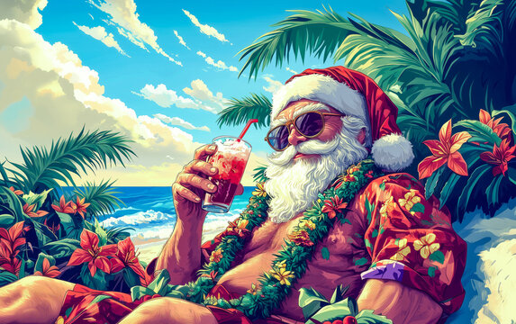 A digital illustration of Santa Claus, clad in a Hawaiian shirt, sipping a cocktail on a tropical beach.