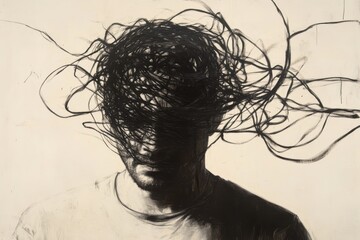 A man with messy hair is depicted in a black and white drawing. The hair is so unkempt that it covers his face, giving the impression of a chaotic and disordered state of mind