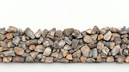 Side view of firewood log pile with rough textures and visible grain patterns, placed neatly against a white background