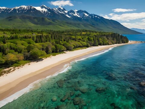 Scenic Coastal Beach with Lush Green Forest and Snow Capped Mountains
