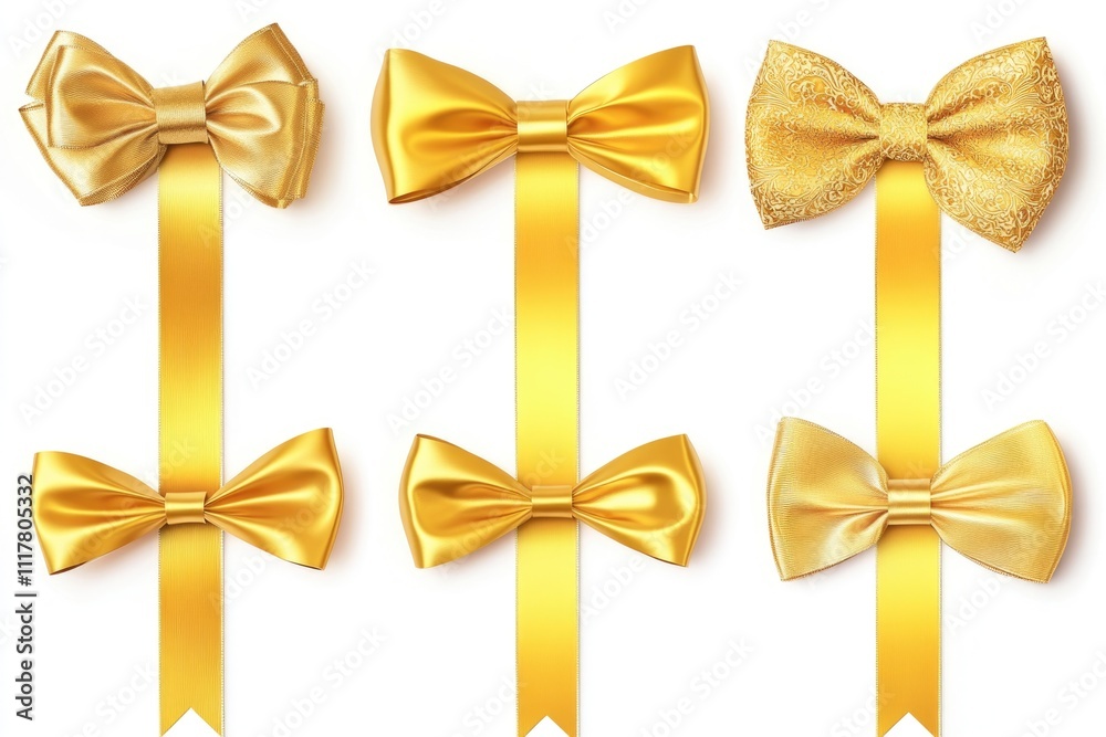 Poster a collection of four golden bow ties arranged neatly on a white background, ideal for use in fashion