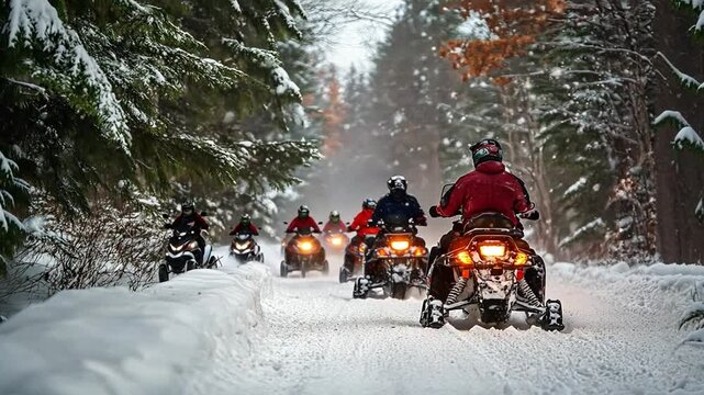Snowmobile Adventure: A group of snowmobilers enjoying a thrilling ride through a snowy forest, their snowmobiles kicking up snow as they travel down a trail.