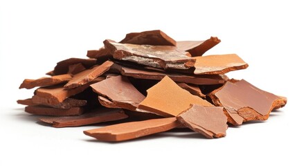 Fototapeta premium Single jagged pile of ceramic roof tile shards, isolated in sharp focus on a bright white surface.