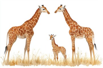 Obraz premium A family of giraffes standing in a grassy area on a white background.