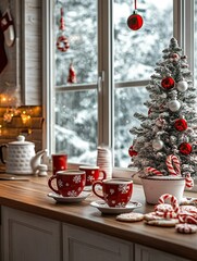 Winter Retreat: Cozy Cabin Interior with Festive Decor and Snowy Views