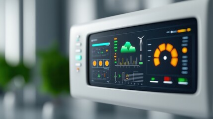 A sleek digital interface displaying graphs, metrics, and environmental data, emphasizing technology and sustainability.
