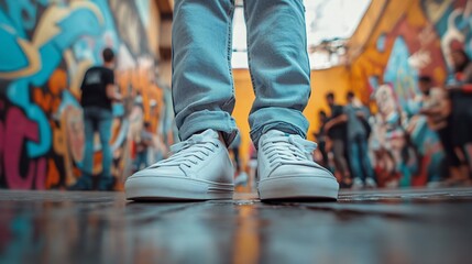 White sneakers, jeans, graffiti background, urban scene.