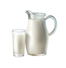 3d realistic vector icon illustration. Milk jug and transparent glass of milk. Isolated on white background.