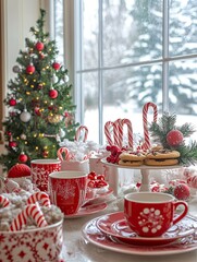 Winter Retreat: Cozy Cabin Interior with Festive Decor and Snowy Views