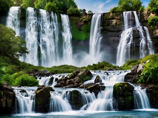 Obraz premium Majestic Waterfall Cascading Over Lush Green Landscape
