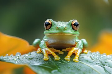 Wallace's flying frog resting on a wet leaf in the rainforest