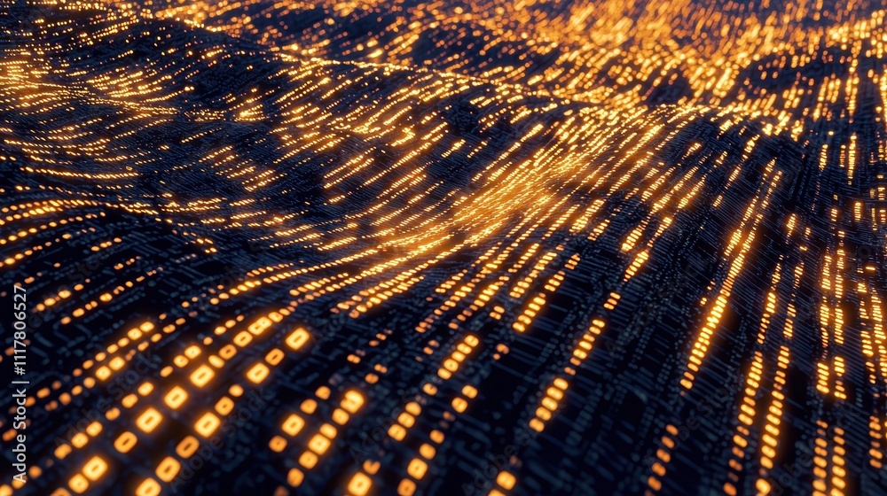 Poster flowing streams of light infused with binary patterns in a vivid display of digital energy
