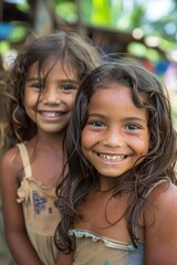 Fototapeta premium A photo of two happy and smiling young girls looking directly into the camera