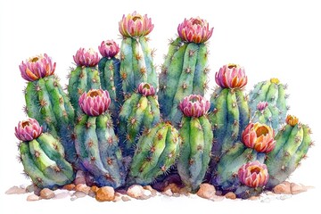 Fototapeta premium A colorful illustration of a cactus with vibrant flowers and green stems