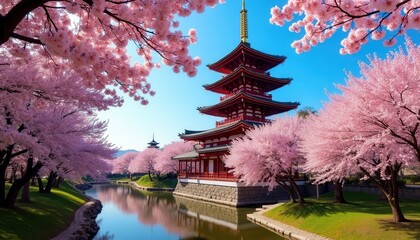 Fototapeta premium Stunning Japanese Pagoda Cherry Blossoms Spring Landscape