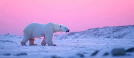 A polar bear walks across a snowy landscape with a pink sunset in the background.