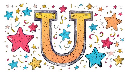Hand-drawn letter U surrounded by colorful stars and confetti.