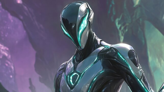 Futuristic humanoid robot in a vibrant alien landscape 