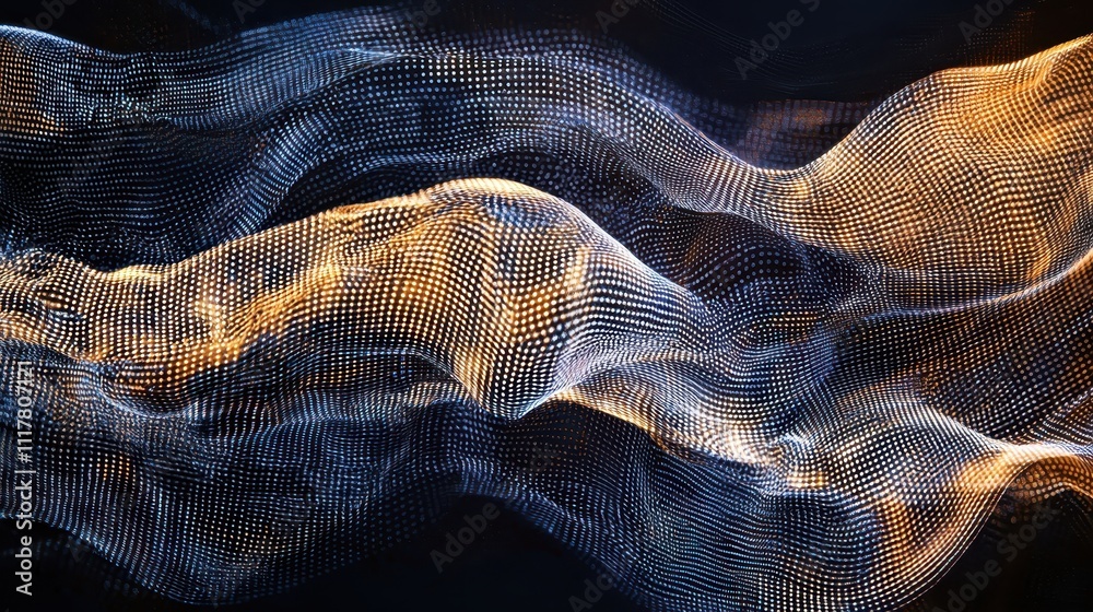 Poster flowing streams of light infused with binary patterns in abstract digital art