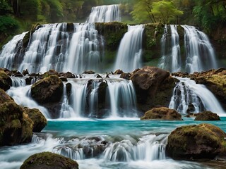 Obraz premium Serene Waterfall Cascading Through Lush Green Forest
