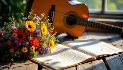 Fototapeta premium Acoustic Guitar Flowers Sheet Music Musical Still Life