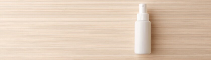 Disinfectant Spray Bottle Promoting Hygiene and Cleanliness, Minimalist white spray bottle on a wooden surface, ideal for beauty or health products.