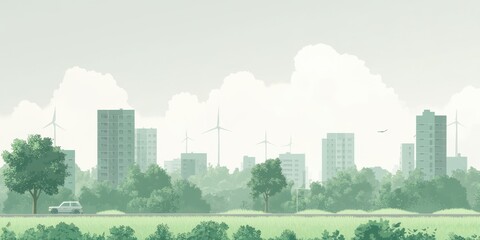 Naklejka premium A cityscape with a car driving down a road. The sky is cloudy and the city is filled with tall buildings