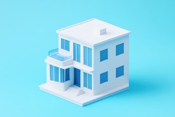 Fototapeta premium A white building with blue windows and a blue balcony. The building is a model of a house