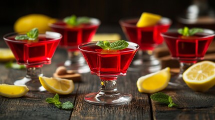 Fototapeta premium Jello shots in martini glasses, surrounded by lemon slices and fresh mint on a dark wooden bar